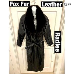 Radlee Black Leather with fox Fur Trench Coat with Tie belt 2 pockets